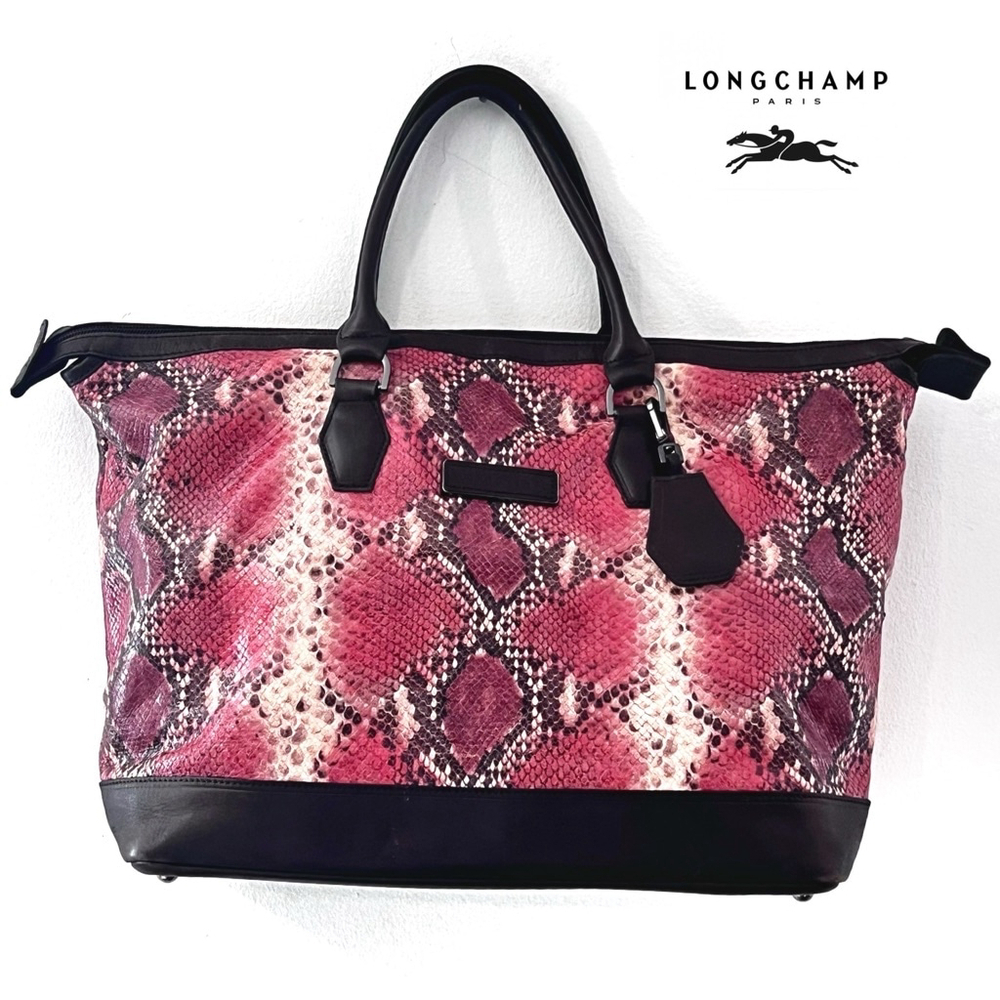 Longchamp Reptigne embossed snake print red leather tote overnight travel bag